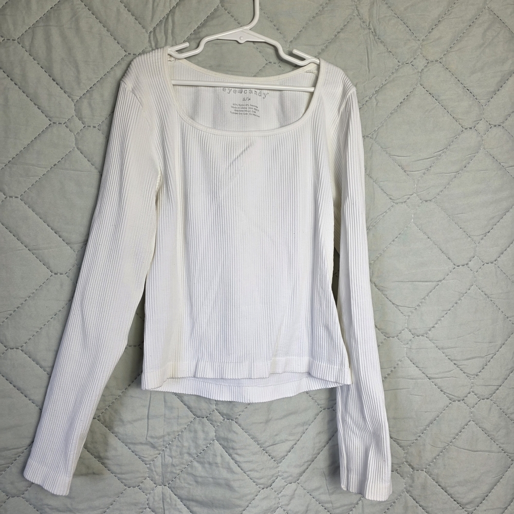 Eye Candy White Ribbed Long Sleeve Top Sz S Crop Top